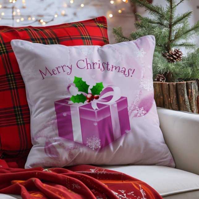 Decorativo Cojín de regalo de Navidad rosa (Pink Christmas Gift Throw Pillow)