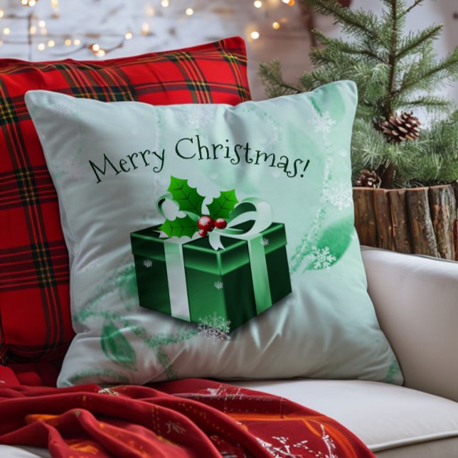 Decorativo Cojín de regalo de Navidad verde (Green Christmas Gift Throw Pillow)