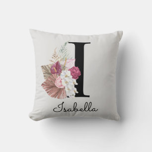 Decorativo Cojín Floral Boho Rosa con Inicial I Monogramada