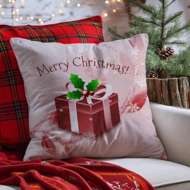 Decorativo Cojín Rojo Regalo de Navidad (Red Christmas Gift Throw Pillow)