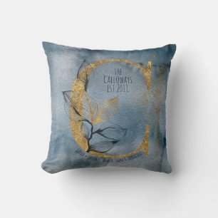 Decorativo Color de agua Azul Gris Oro C Monograma Cojín deco