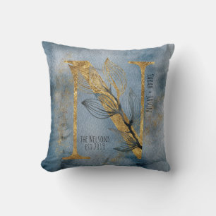 Decorativo Color de agua Azul Gris Oro N Monograma Cojín deco