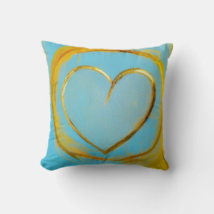 Decorativo Corazón dorado con fondo azul claro Cojín decorati