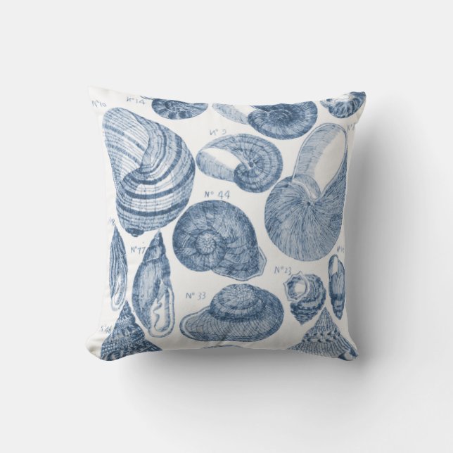 Decorativo El mar Shell bosqueja, azul y blanco Cojín (Anverso)