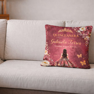 Decorativo Elegante Cojín de Quinceañera Floral Burgundy
