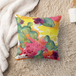 Decorativo Funda de cojín de cactus florecido con acuarela