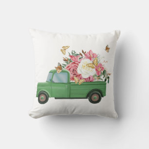 Decorativo Funda de cojín de camión vintage verde con flor
