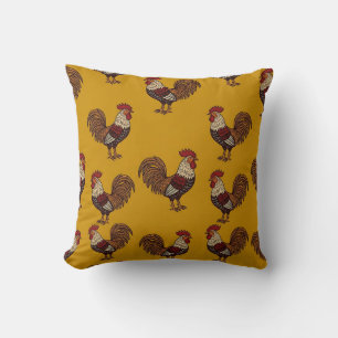 Decorativo Funda de cojín de gallo dibujada a mano mostaza am