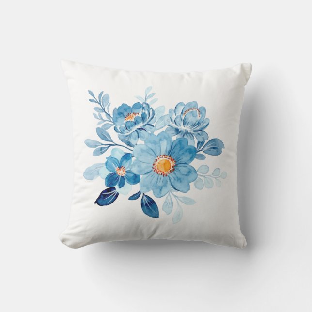 Decorativo Funda para cojín floral de acuarela azul elegante, (Anverso)