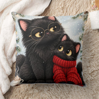 Decorativo Gatos negros acogedores con cojín de bufanda roja