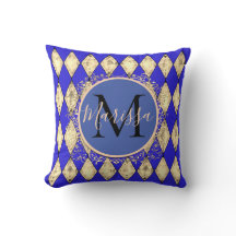 Monograma Royal Blue and Gold Glam Cojín decorativ