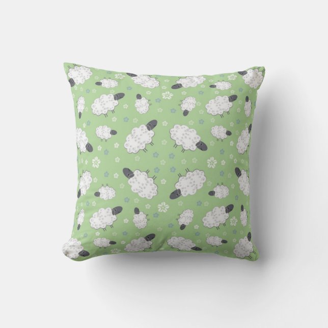 Decorativo Ovejas y flores en cojín verde (Anverso)
