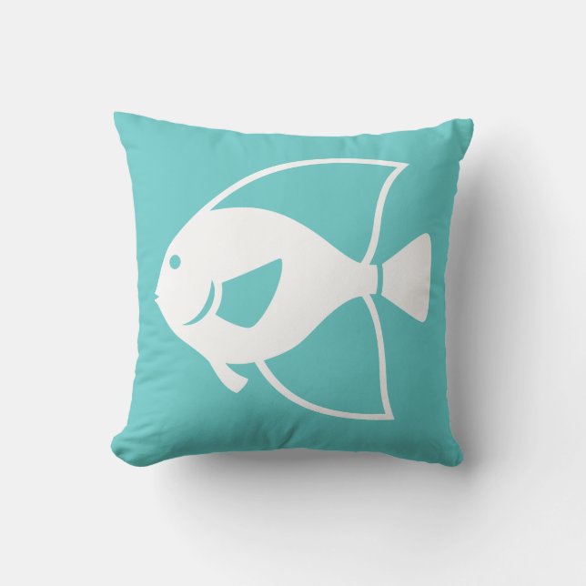 Decorativo pescado blanco en cojín azul turquesa (Anverso)