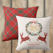 Primer cojín de Navidad Sr. y Sra. Cuadros Rojos