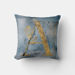 Decorativo Watercolor Azul Gris Oro A Monograma Cojín decorat