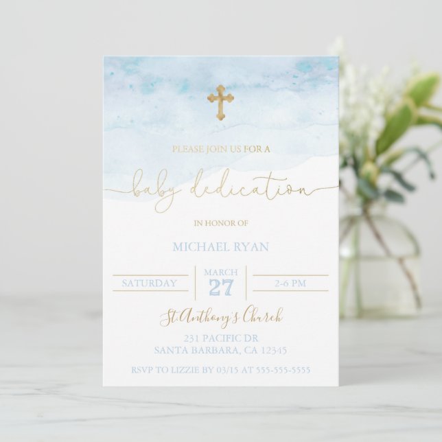 Dedicación azul y oro para bebé Invitación niño be (Anverso de pie)