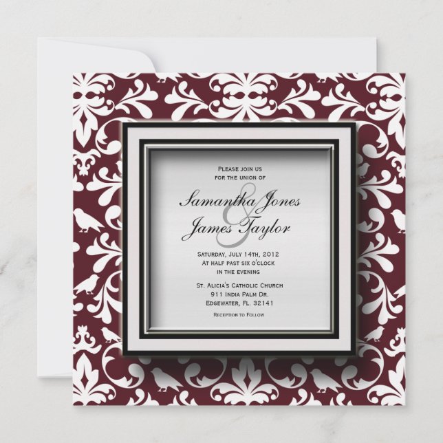 Deep Burgandy Damask Elegante Invitación a la Boda (Anverso)