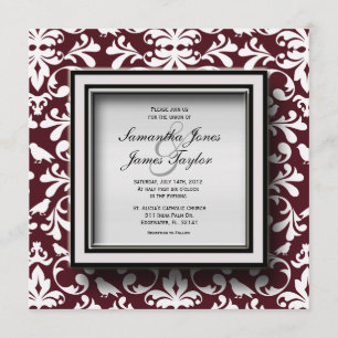 Deep Burgandy Damask Elegante Invitación a la Boda