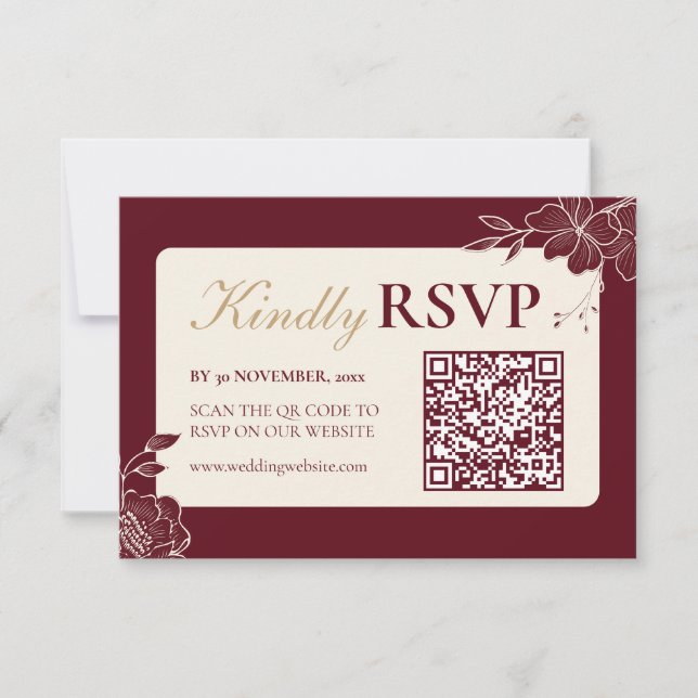 Deep Burgundy Floral Wedding RSVP with QR Code (Anverso)