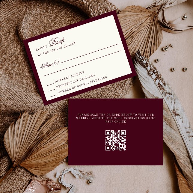 Deep Burgundy Ivory QR Code Wedding RSVP Card (Subido por el creador)