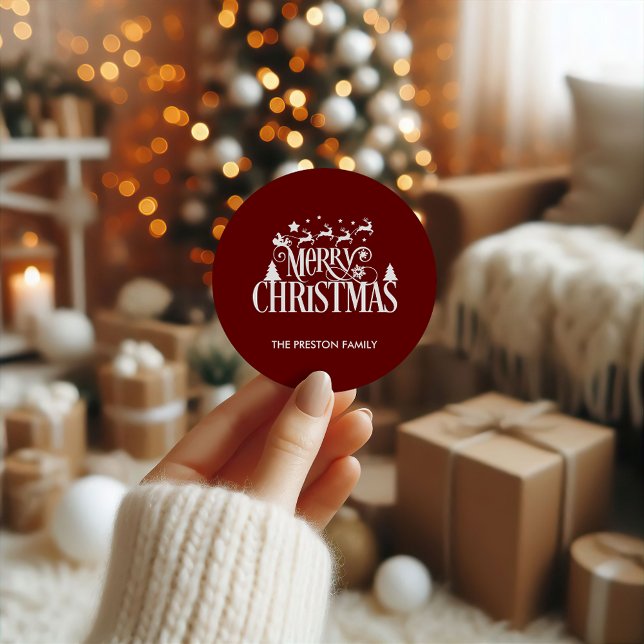 Deep Red Merry Christmas Classic Round Pegatina (Deep Red Merry Christmas Classic Round Sticker)