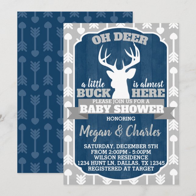 Deer Antler Baby Shower Invitación a la marina gri (Anverso / Reverso)
