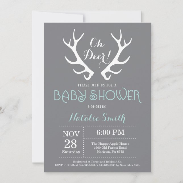 Deer Antler Baby Shower Invitación Grey y Aqua (Anverso)