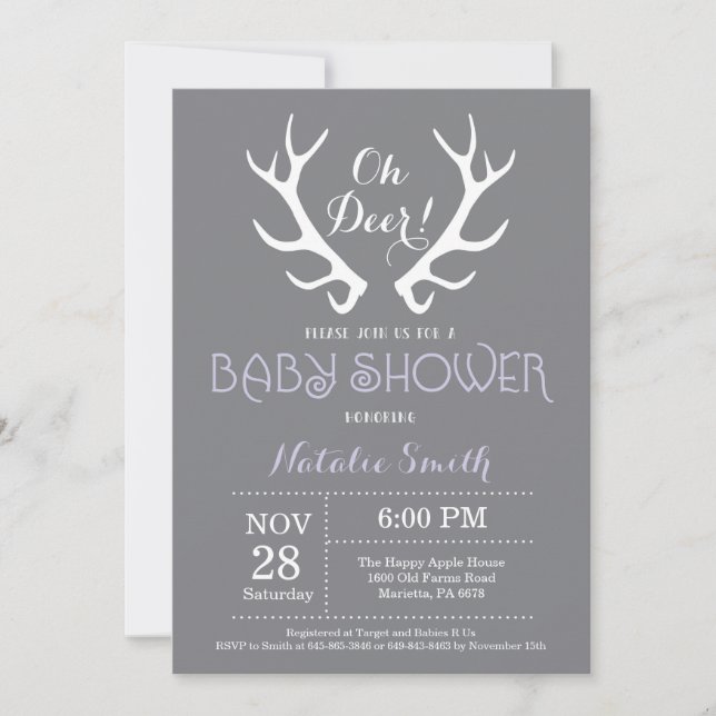 Deer Antler Baby Shower Invitación gris y morado (Anverso)