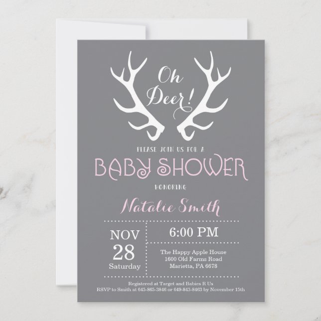 Deer Antler Baby Shower Invitación gris y rosa (Anverso)
