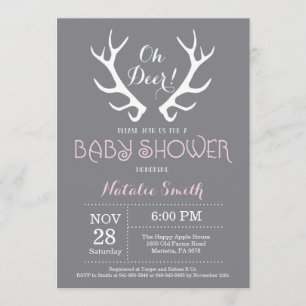 Deer Antler Baby Shower Invitación gris y rosa