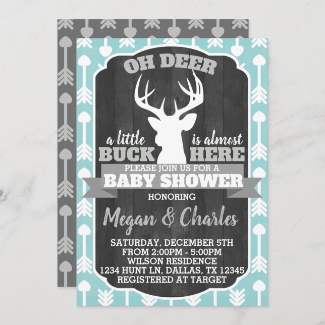 Deer Antler Baby Shower Invitación Mint Gray Verde (Anverso / Reverso)