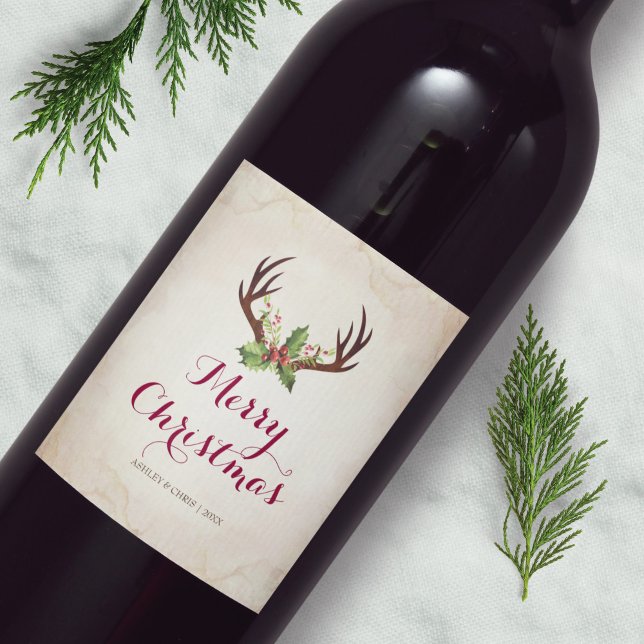 Deer Antler Navidades Etiqueta de vino Boho Rústic (Subido por el creador)