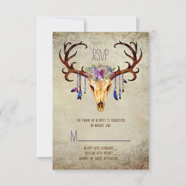 Deer Antler Skull Rustic Country Wedding RSVP (Anverso)