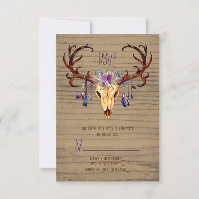 Deer Antler Skull Rustic Country Wedding RSVP (Anverso)