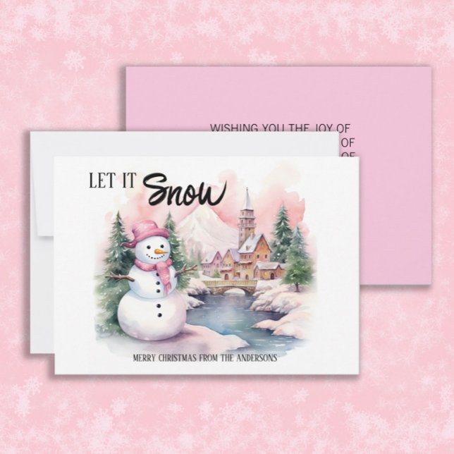 Deja que el muñeco de nieve Navidad Fiesta ("Let it snow" pink snowman Christmas/holiday greeting card personalized with your own text. )