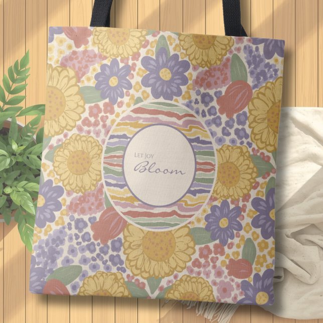Deja que la alegría florezca – Bolsa de mano flora (Let Joy Bloom Personalized Floral Tote Bag | Custom Initial & Name Gift)