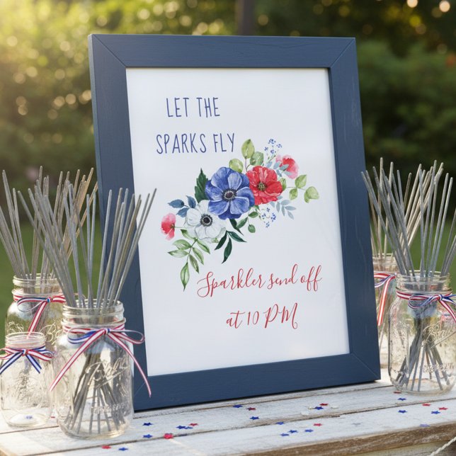 Deja que las chispas vuelen Señal floral rojo blan (Red White & Blue Floral Wedding Shower Sparkler Table Sign by Darling & May. Printed or Digital.)