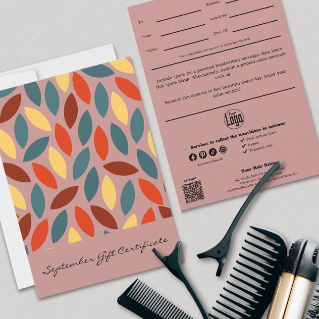 Deja un colorido certificado de regalo de septiemb (Leaves Colorful September Gift Certificate, Professional QR Code, Logo, Social, Note)