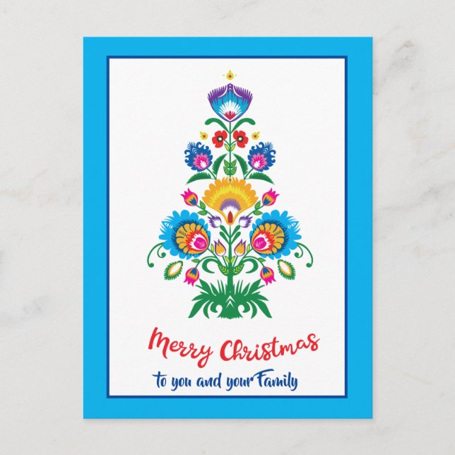 🎄 del árbol de Navidad folklore azul tarjeta post (Anverso)