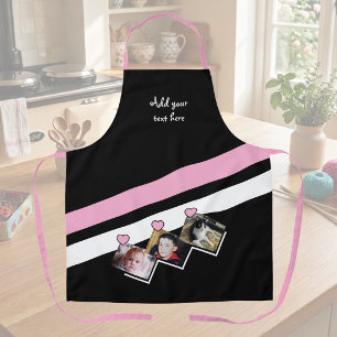 Delantal 3 fotos texto personalizado negro rosa
