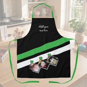 Delantal 3 fotos texto personalizado negro verde