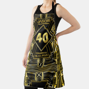 Delantal 40 cumpleaños Art Deco Oro Gran Gatsby Negro