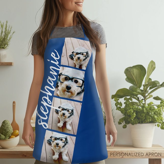Delantal 4 Photo Film Strip Collage Script Name Royal Blue (Personalized Apron)