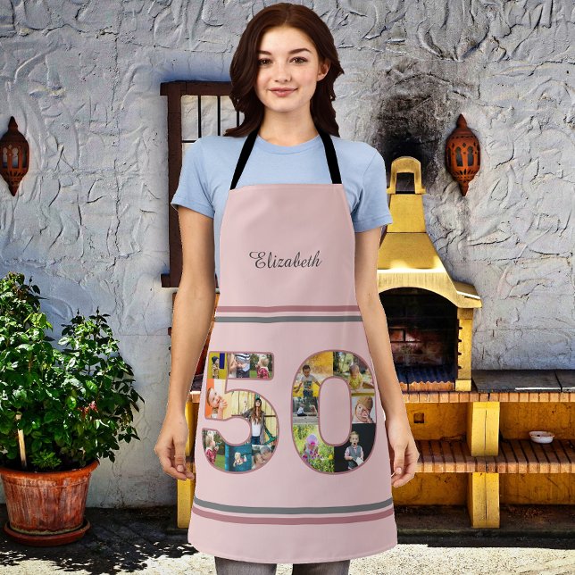 Delantal 50.º Collage de fotos del partido de cumpleaños, p (BBQ or Kitchen apron 50th birthday gift with custom photo collage template. Blush dusty pink color.)