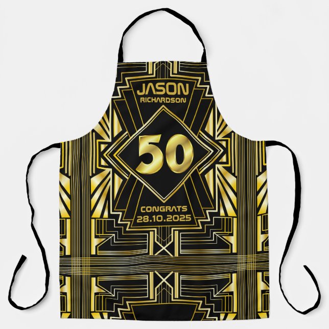 Delantal 50 cumpleaños Art Deco Gold Black Great Gatsby (Anverso)