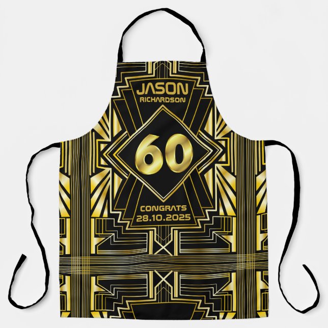 Delantal 60 cumpleaños Art Deco Oro Gran Gatsby Negro (Anverso)