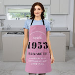 Delantal 70th Birthday Born 1953 Pink Black Lady's<br><div class="desc">A personalized classic pink apron design for that birthday celebration for somebody born in 1953 and turning 70. Add the name to this vintage retro style pink, white and black design for a custom 70 birthday gift. Easily edit the name and year with the template provided. A wonderful custom birthday...</div>