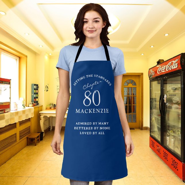 Delantal 80.º cumpleaños Añadir nombre elegante azul y blan (Subido por el creador)
