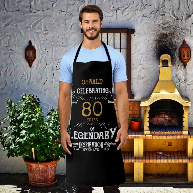Delantal 80.º cumpleaños Black Gold Legendary Funny (A personalized elegant BBQ apron that is easy to customize for that special birthday party occasion.)