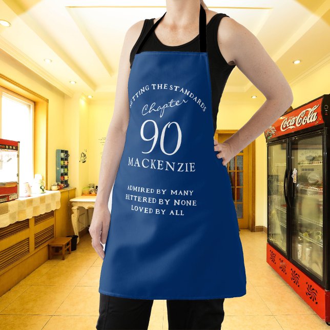Delantal 90.º cumpleaños Añadir nombre elegante azul y blan (Subido por el creador)